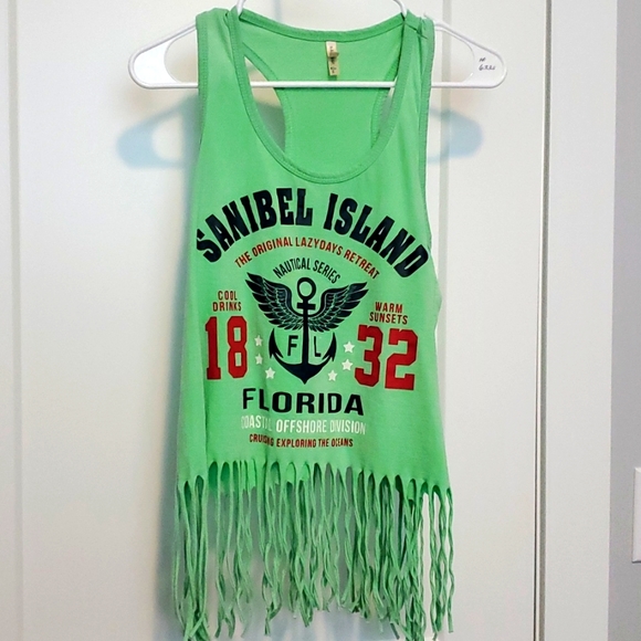 US Apperal lime green Sanibel Island tank top sz S with fringe hem. - Picture 1 of 4